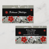 Carte De Visite Fleurs et silhouette rouges sur l'argent (Devant / Derrière)