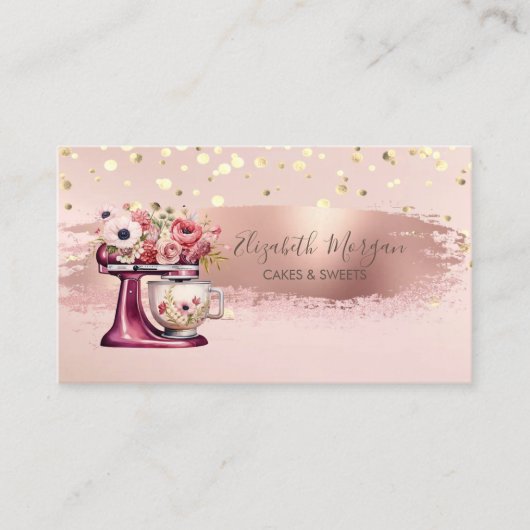 Carte De Visite Fleurs Mixer Rouges, Confetti Or, Brosse (Devant)