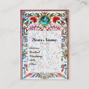 Carte De Visite FLEURS ORIENTALES DAMASK MONOGRAM Bleu Blanc Flora