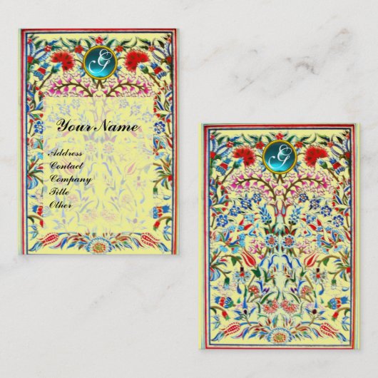 Carte De Visite FLEURS ORIENTALES DAMASK MONOGRAM Bleu Jaune (Devant / Derrière)