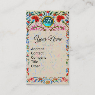 Carte De Visite FLEURS ORIENTALES DAMASK MONOGRAM Bleu rose floral