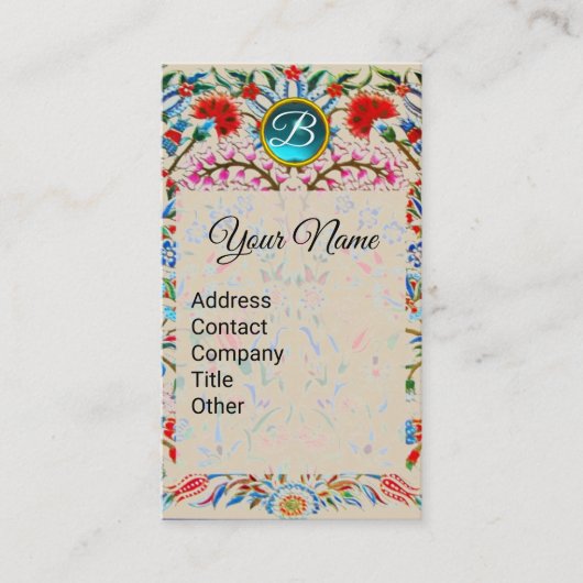 Carte De Visite FLEURS ORIENTALES DAMASK MONOGRAM Bleu rose floral (Devant)