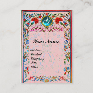 Carte De Visite FLEURS ORIENTALES DAMASSÉ MONOGRAMME Bleu Aigue-Ma