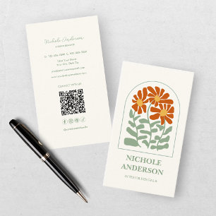 Carte De Visite Fleurs rétro orange brûlé et vert