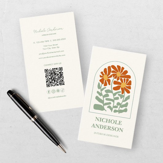 Carte De Visite Fleurs rétro orange brûlé et vert