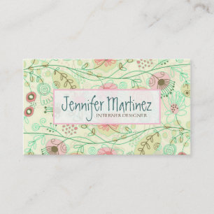 Carte De Visite Fleurs Retro Tirées Mignonnes Vert & Beige