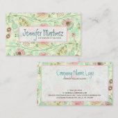 Carte De Visite Fleurs Retro Tirées Mignonnes Vert & Beige (Devant / Derrière)