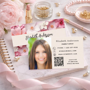 Carte De Visite Fleurs rose blanc photo logo QR