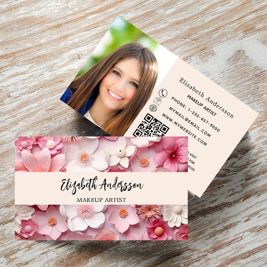 Carte De Visite Fleurs rose blanc photo logo QR