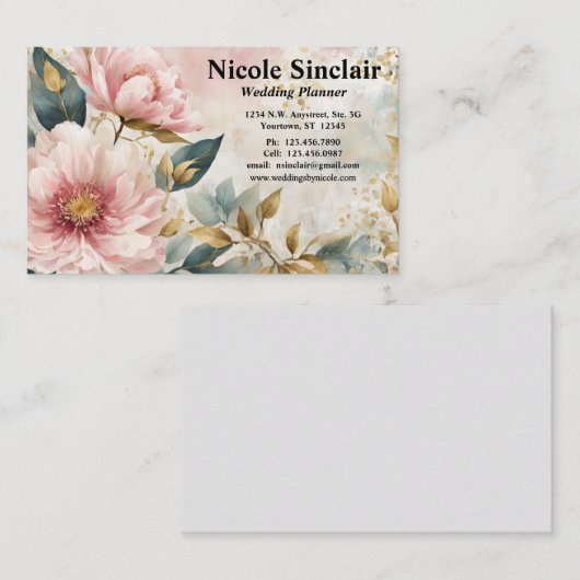 Carte De Visite Fleurs roses Accents Vert & Or Mariages Événements (Devant / Derrière)