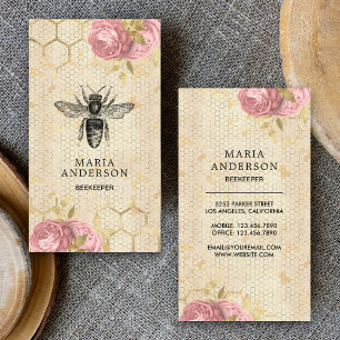 Carte De Visite Fleurs roses blush rustiques vintage avec abeille