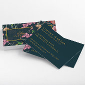 Carte De Visite Fleurs roses élégantes et oiseaux sur bleu foncé