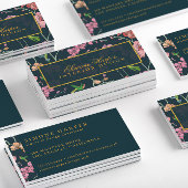 Carte De Visite Fleurs roses élégantes et oiseaux sur bleu foncé