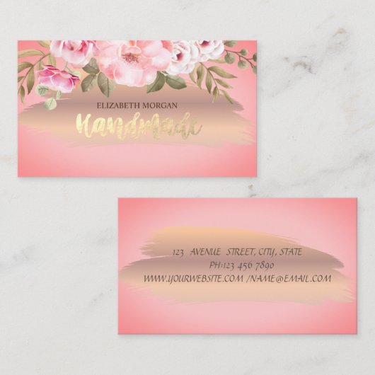 Carte De Visite Fleurs Roses en or élégantes (Devant / Derrière)