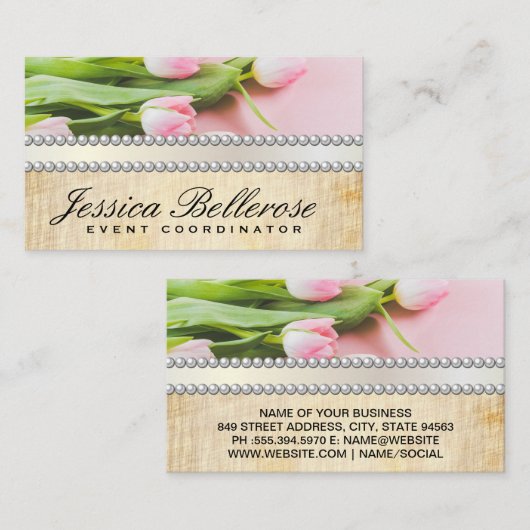 Carte De Visite Fleurs roses | Ruban perles (Devant / Derrière)