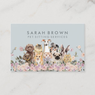 Carte De Visite Fleurs Roses Vertes Animaux de Compagnie Chiens Ch
