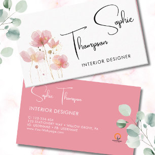 Carte De Visite Fleurs rustiques roses et or simples et élégantes