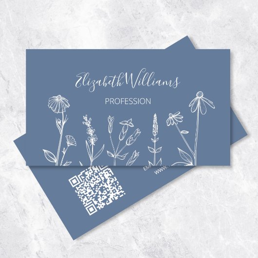 Carte De Visite Fleurs sauvages Bleu poussiéreux | Code QR
