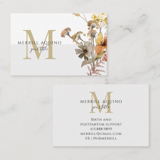 Carte De Visite Fleurs sauvages d'aquarelle Monogram (Devant / Derrière)