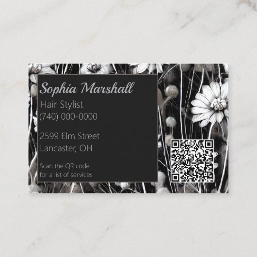 Carte De Visite Fleurs sauvages noirs, gris et blancs avec code QR (Dos)