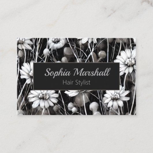 Carte De Visite Fleurs sauvages noirs, gris et blancs avec code QR (Devant)