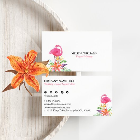 Carte De Visite Fleurs tropicales et Wedding planner Flamant rose 