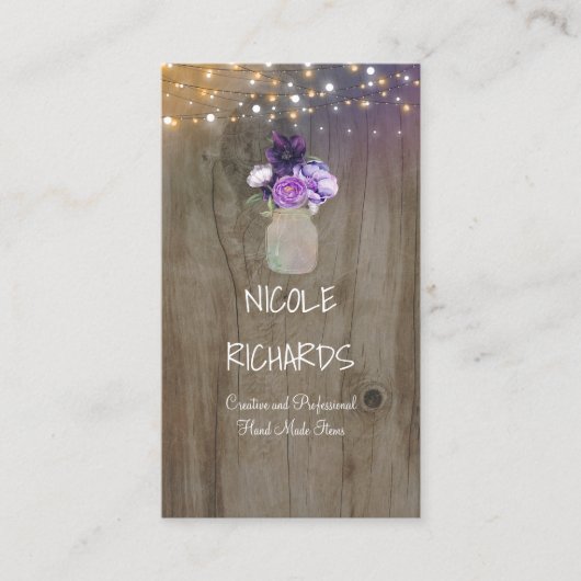 Carte De Visite Fleurs violettes Mason Jar Bois rustique et lumièr (Devant)