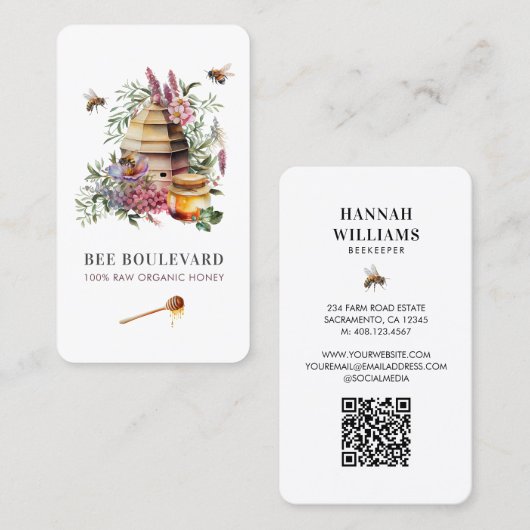 Carte De Visite Floral Bee Hive Aquarelle Beekeeper Code Qr (Devant / Derrière)