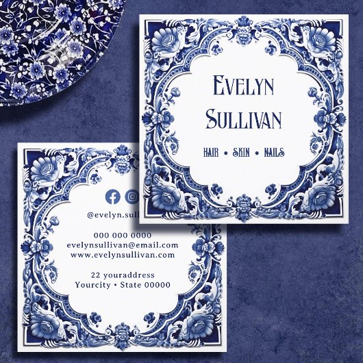 Carte de visite floral bleu Delft