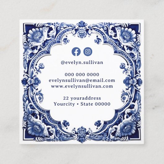 Carte de visite floral bleu Delft (Dos)