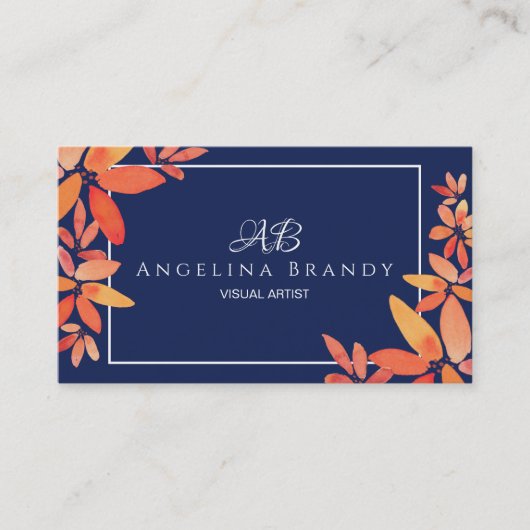 Carte de visite floral bleu et orange de la marine (Devant)