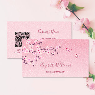 Carte De Visite Floral Cherry Blossom Pink Glitter QR Code