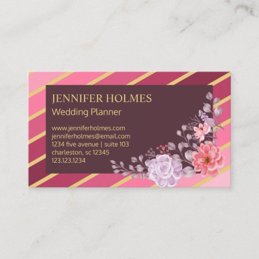 Carte de visite floral Chic Rose Gold Stripes (Devant)