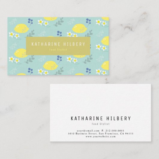 Carte de visite floral citron bleu turquoise (Devant / Derrière)