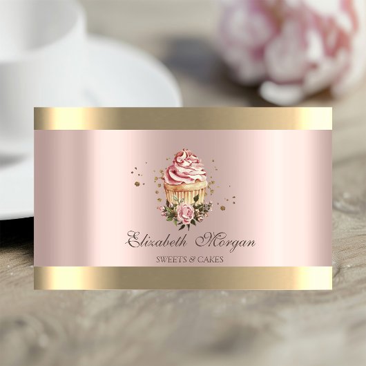 Carte De Visite Floral Cupcakes Gold Stripe Rose Gold Bakery