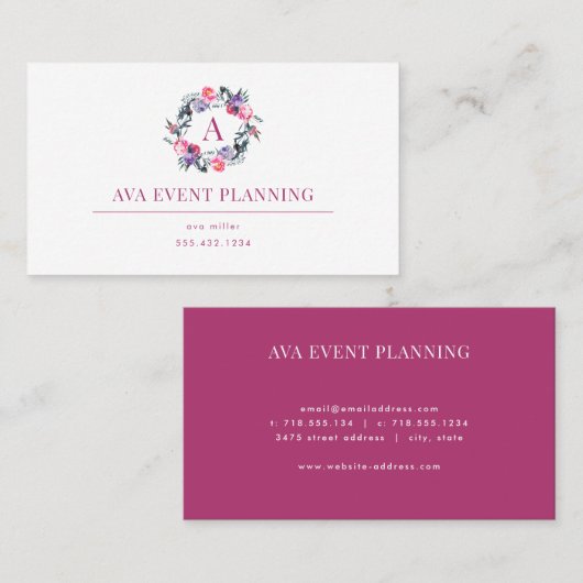 Carte de visite floral d'aquarelle de monogramme (Devant / Derrière)