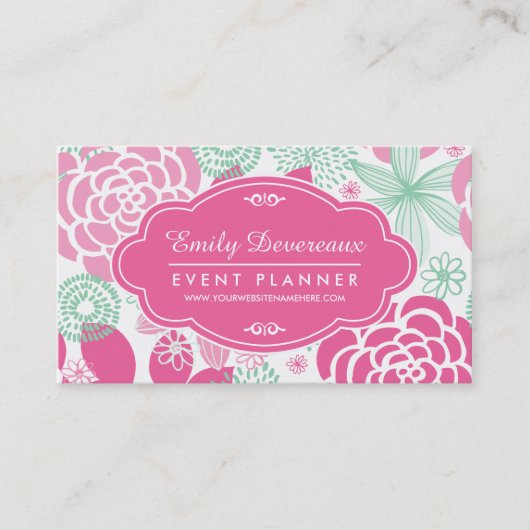 Carte De Visite Floral Girly de rose de vert fuchsia de menthe (Devant)