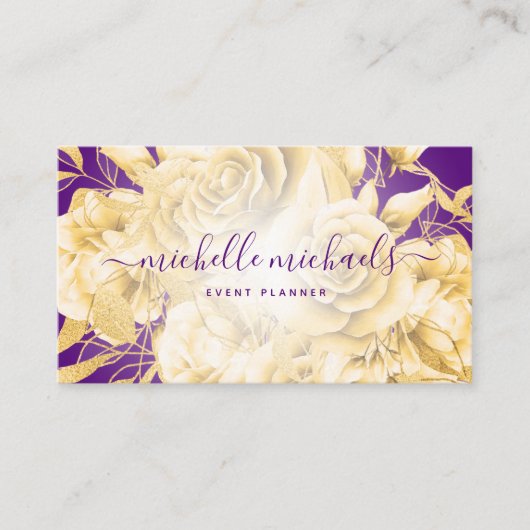Carte De Visite Floral Gold Purple Script moderne (Devant)
