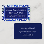 Carte De Visite Floral moderne bleu et blanc (Devant / Derrière)