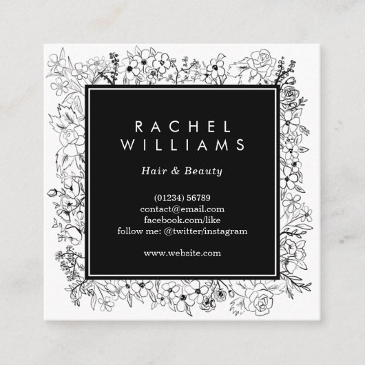 Carte de visite floral noir et blanc de carré de (Devant)