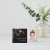 Carte De Visite Floral noir rose rose or | Busine de code QR (Debout devant)