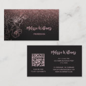 Carte De Visite Floral noir rose rose or | Code QR (Devant / Derrière)