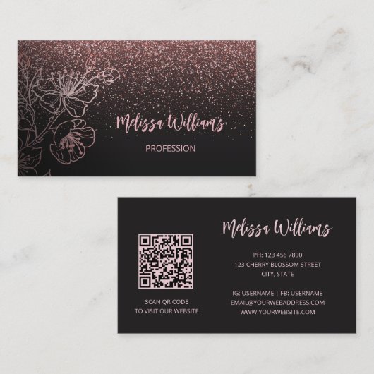 Carte De Visite Floral noir rose rose or | Code QR (Devant / Derrière)