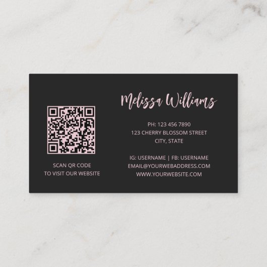 Carte De Visite Floral noir rose rose or | Code QR (Dos)