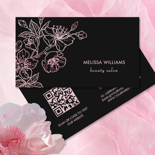 Carte De Visite Floral noir rose rose or | Code QR