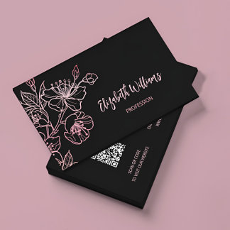 Carte De Visite Floral noir rose rose or | Code QR
