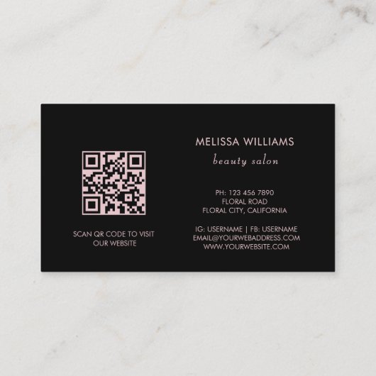 Carte De Visite Floral noir rose rose or | Code QR (Dos)