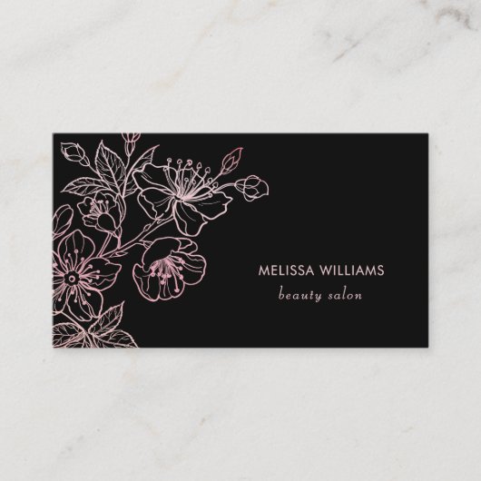 Carte De Visite Floral noir rose rose or | Code QR (Devant)