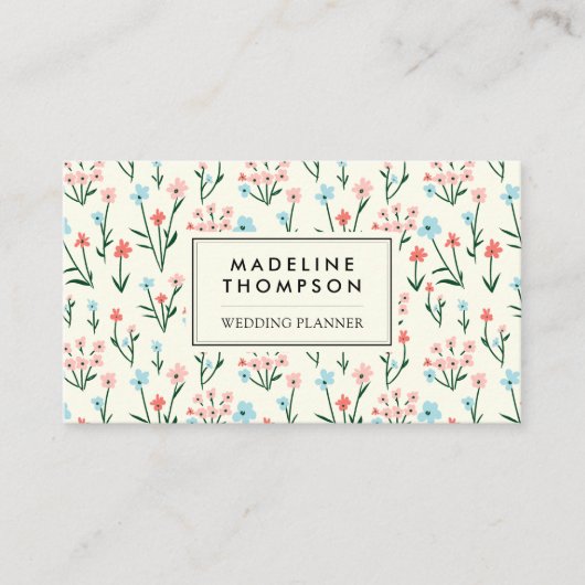 Carte De Visite Floral Pastel Pink Blue Flowers Pattern QR Code (Devant)