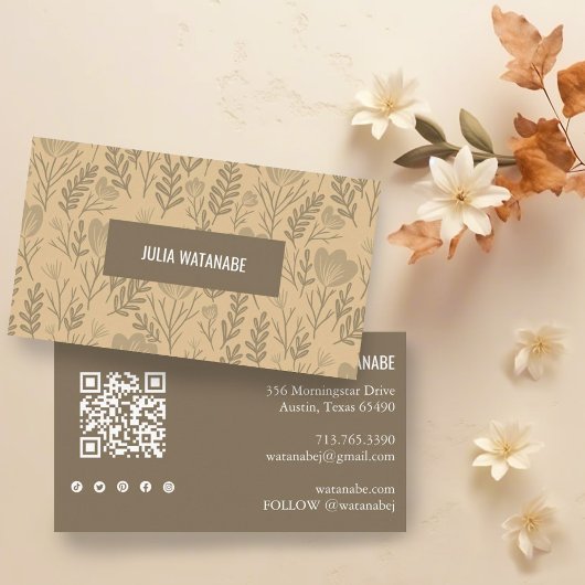 Carte De Visite Floral QR Code Social Media Icônes Neutres Chic